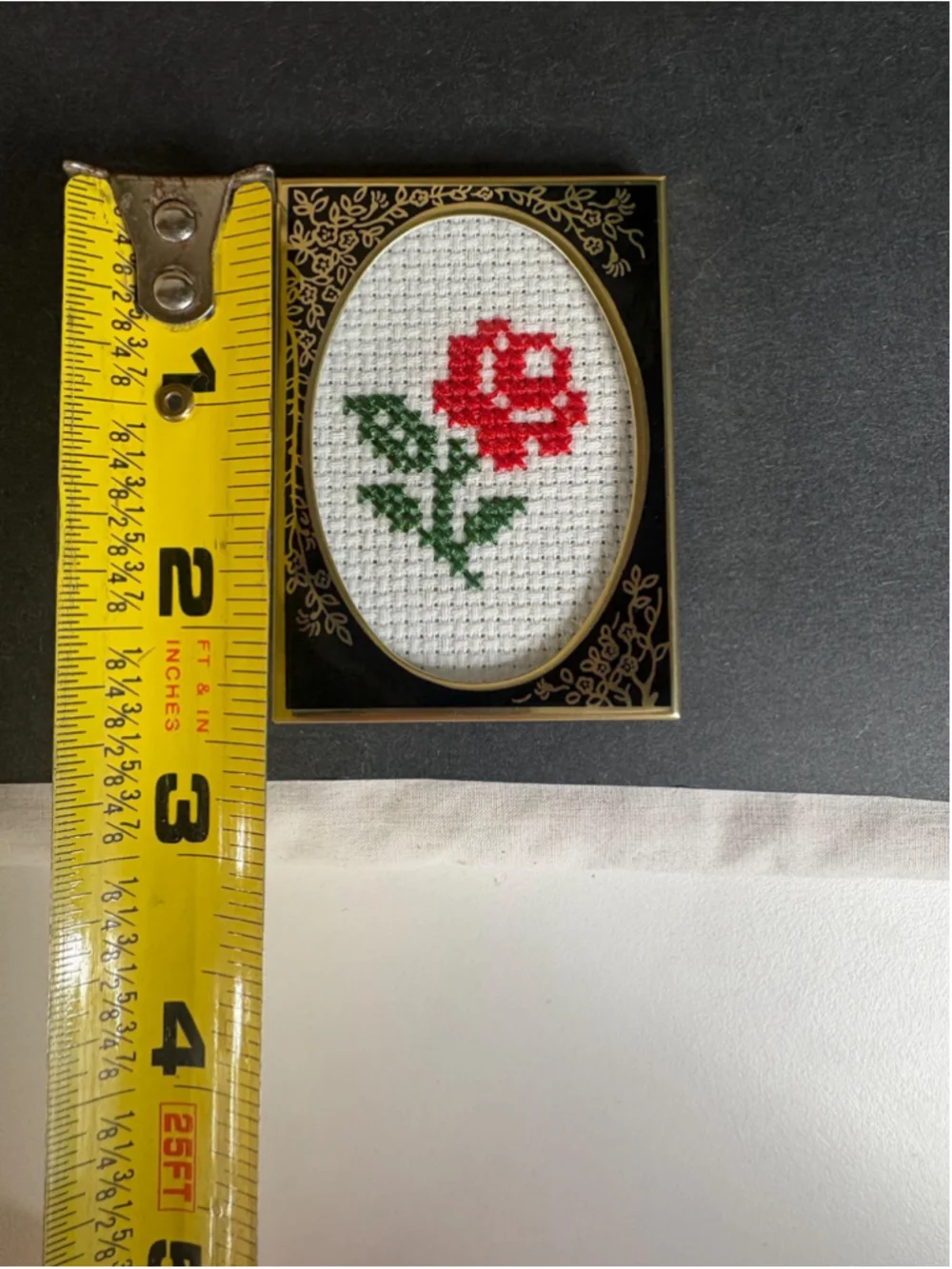 Tiny Mini Framed Cross Stitched Red Rose Trinket Shelf Vintage Style Decor